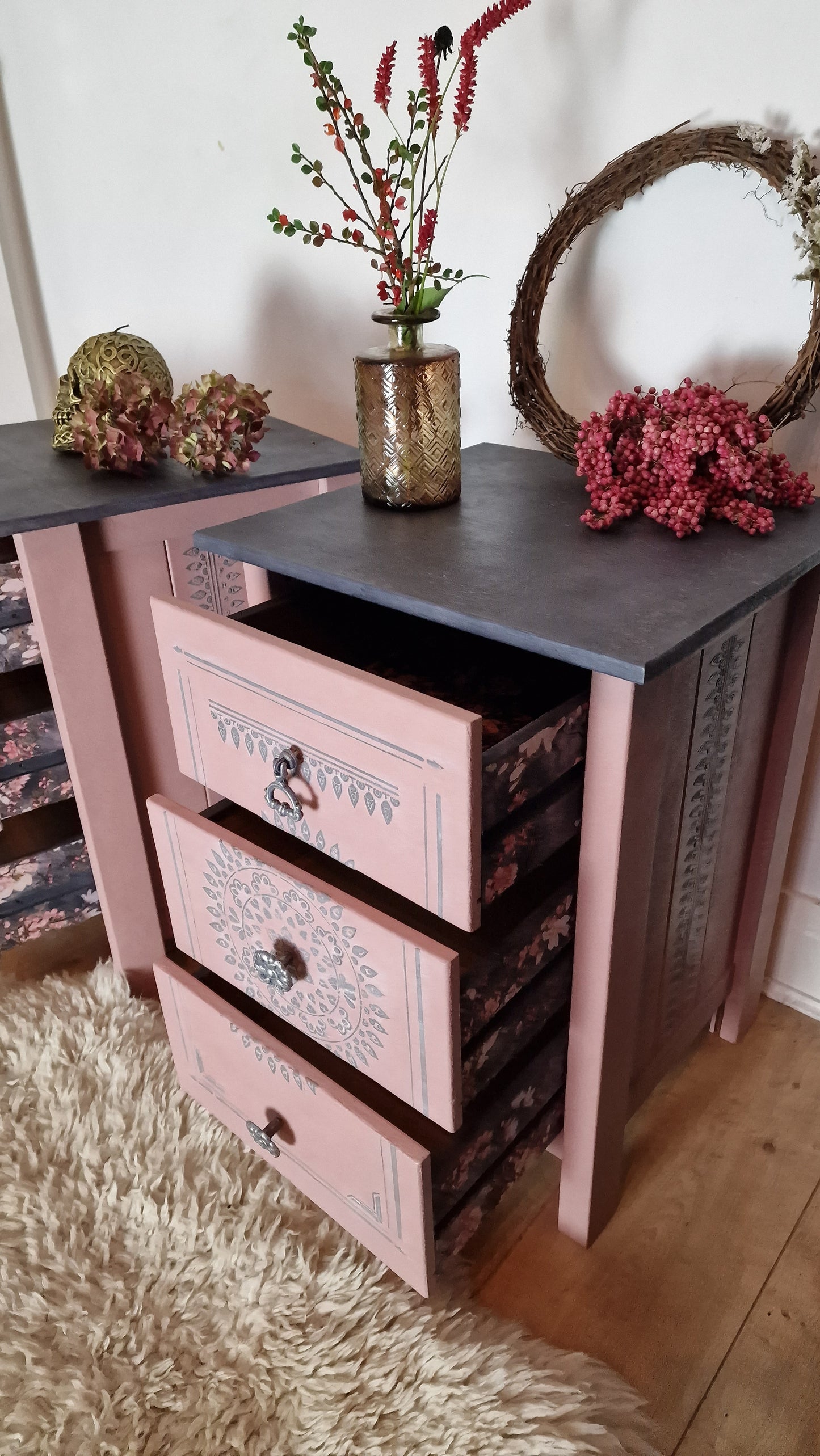 Pair of Bespoke Elegant Pine Bedside Cabinet Table Restored Luxury in Pink & Grey