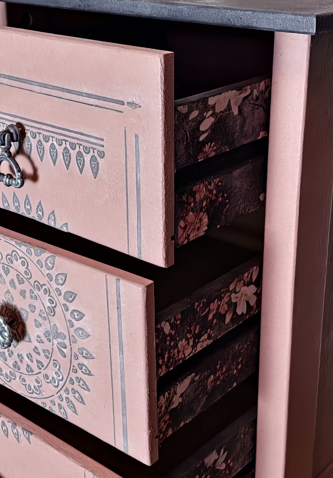 Pair of Bespoke Elegant Pine Bedside Cabinet Table Restored Luxury in Pink & Grey