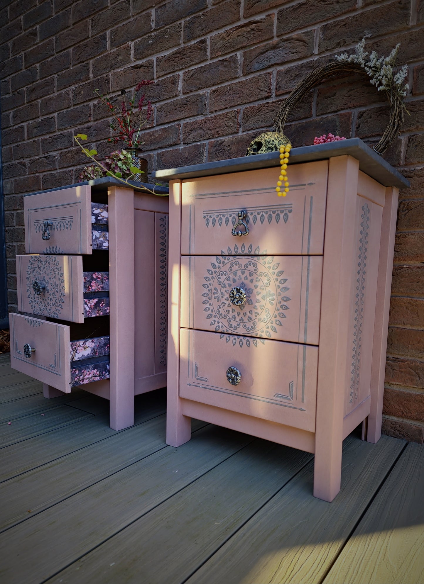 Pair of Bespoke Elegant Pine Bedside Cabinet Table Restored Luxury in Pink & Grey