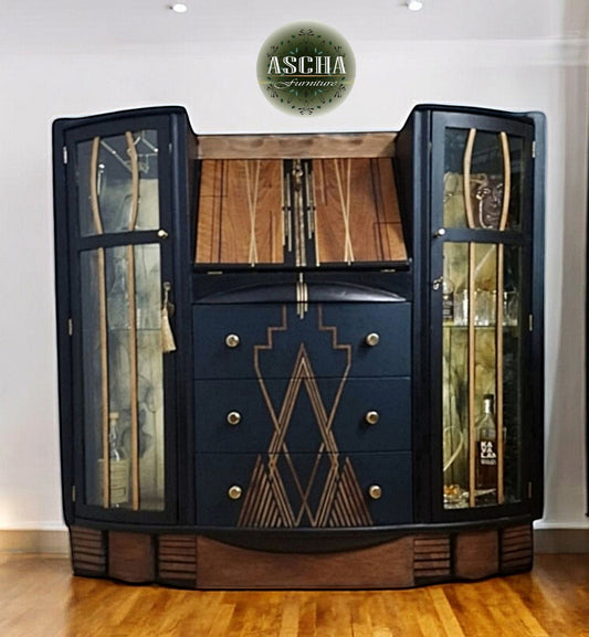 Vintage Art Deco Cocktail  Cabinet Melusine Luxurious Bespoke Handpainted Drink Cabinet ex bureau display cabinet