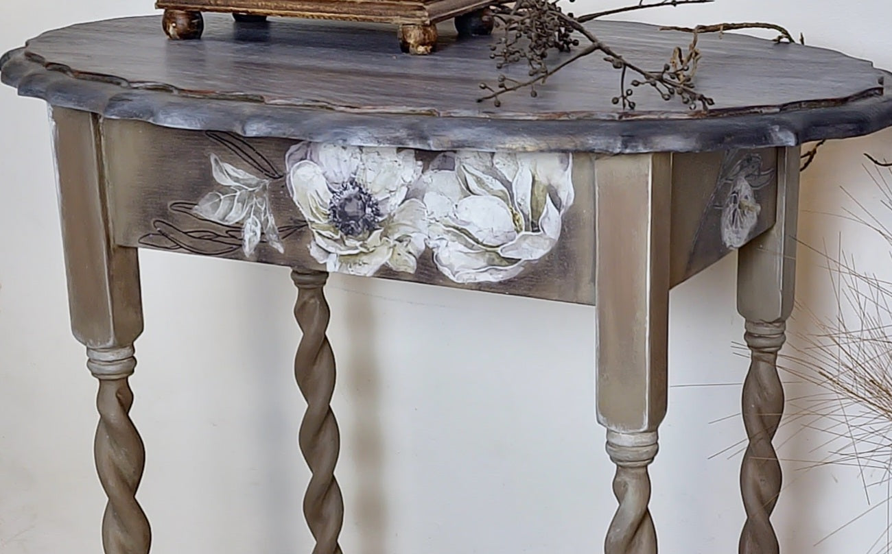 Vintage Oak side table/ statement table handpainted in Sepia Greyge and Black with floral design