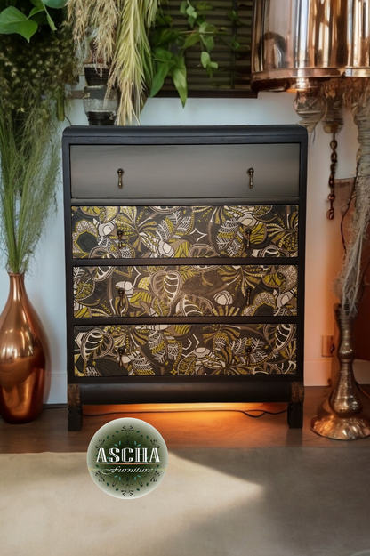 Stuning Black and floral Vintage Chest of Drawers Transformed with Modern Elegance