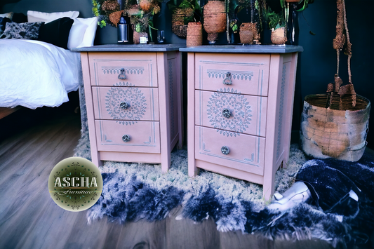 Pair of Bespoke Elegant Pine Bedside Cabinet Table Restored Luxury in Pink & Grey