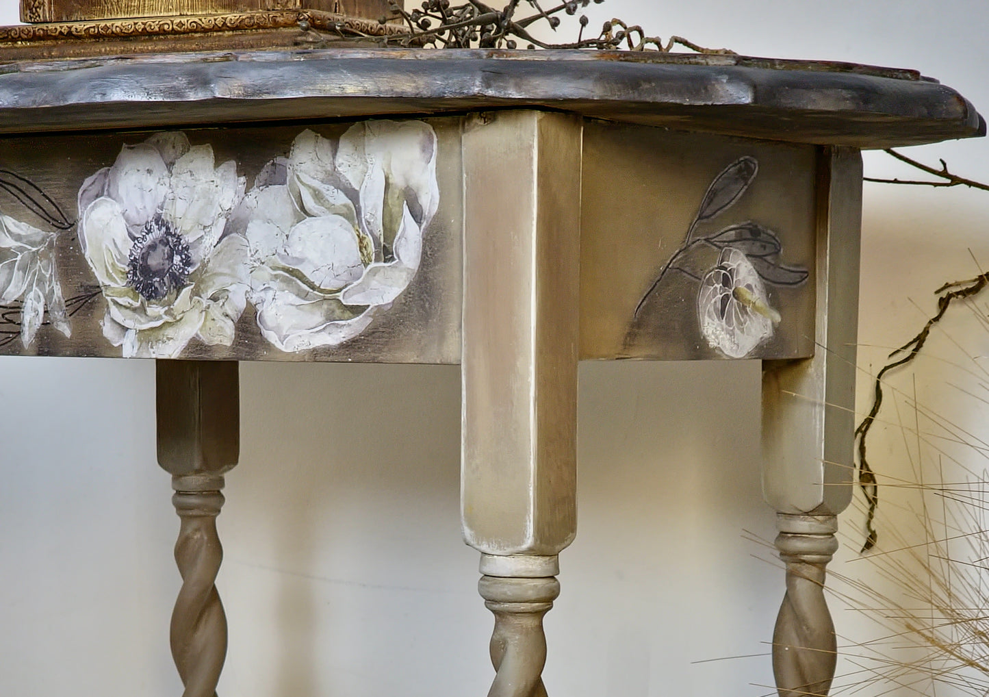 Vintage Oak side table/ statement table handpainted in Sepia Greyge and Black with floral design