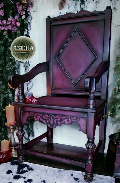 Rare Antique Wainscot Carved Oak Armchair Revamped in Eclectic Gothic Style in Moody Aubergine Purple and Black