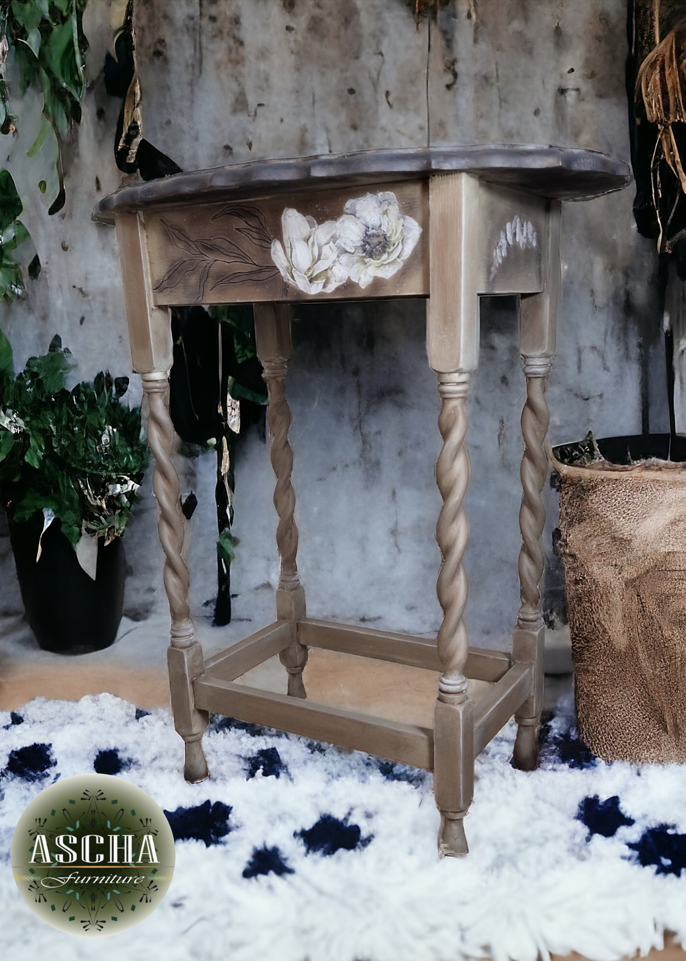 Vintage Oak side table/ statement table handpainted in Sepia Greyge and Black with floral design