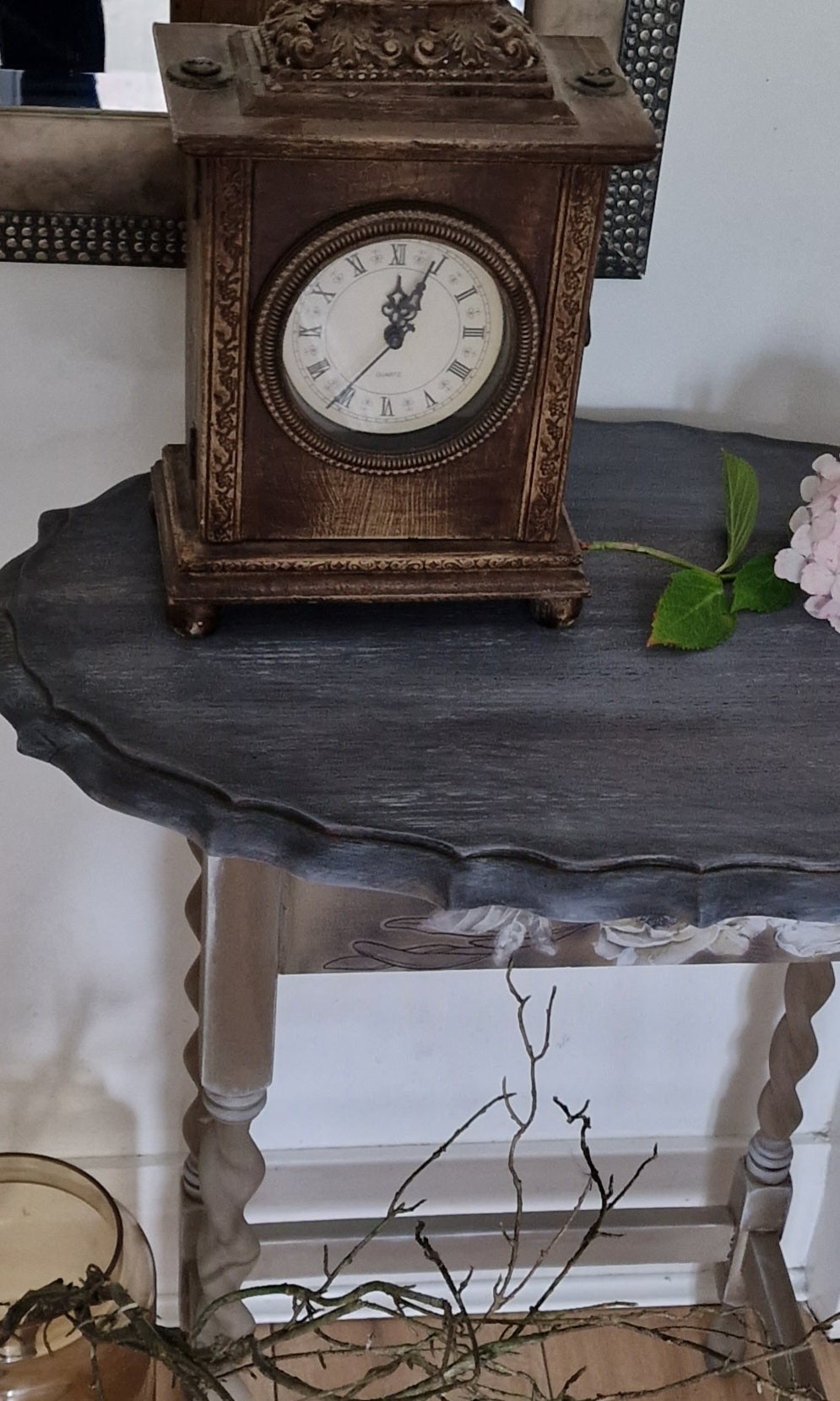 Vintage Oak side table/ statement table handpainted in Sepia Greyge and Black with floral design