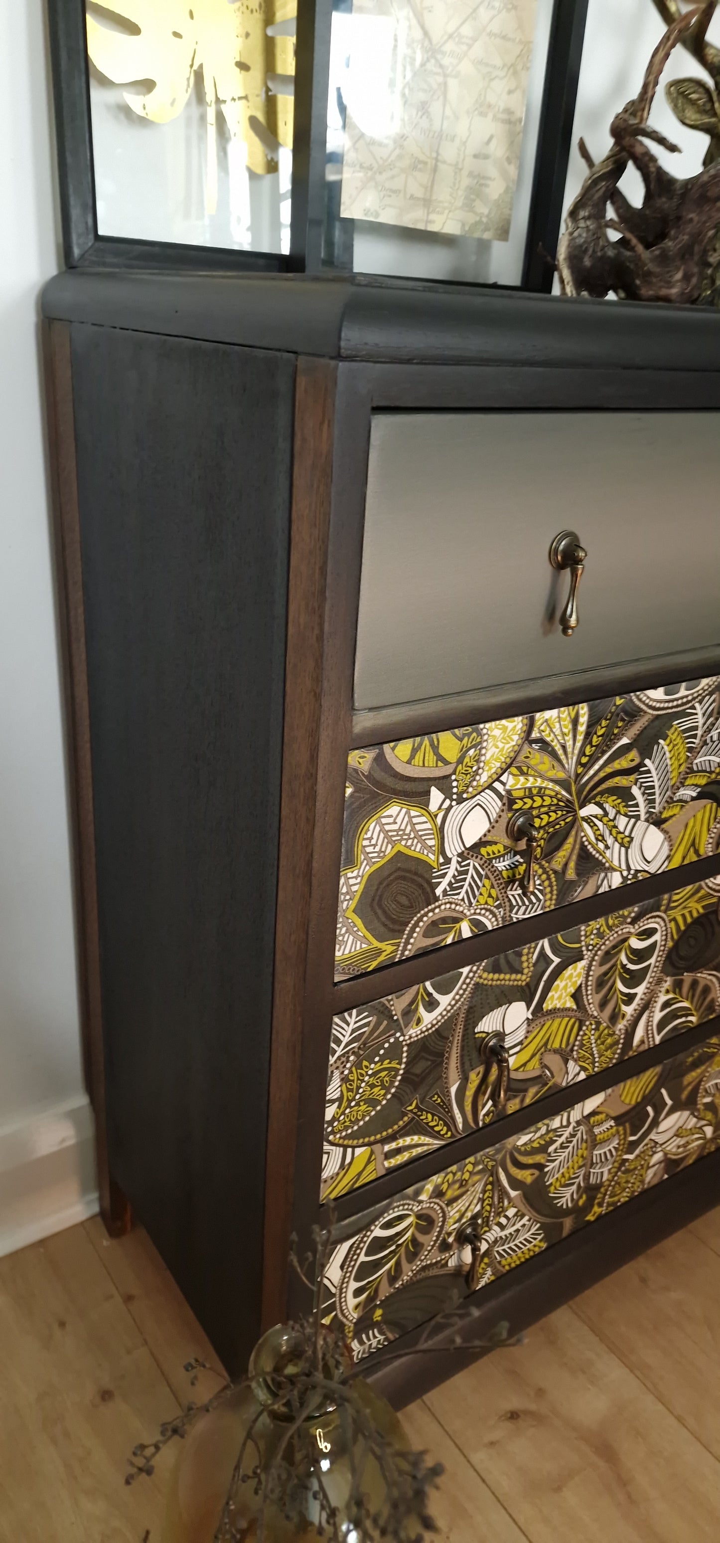 Stuning Black and floral Vintage Chest of Drawers Transformed with Modern Elegance